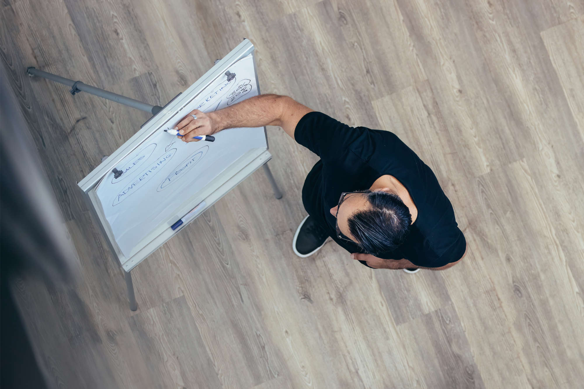 Die von der Decke aus sichtbare Bildansicht zeigt einen Moderator, der stehend auf ein Flipchart schreibt.