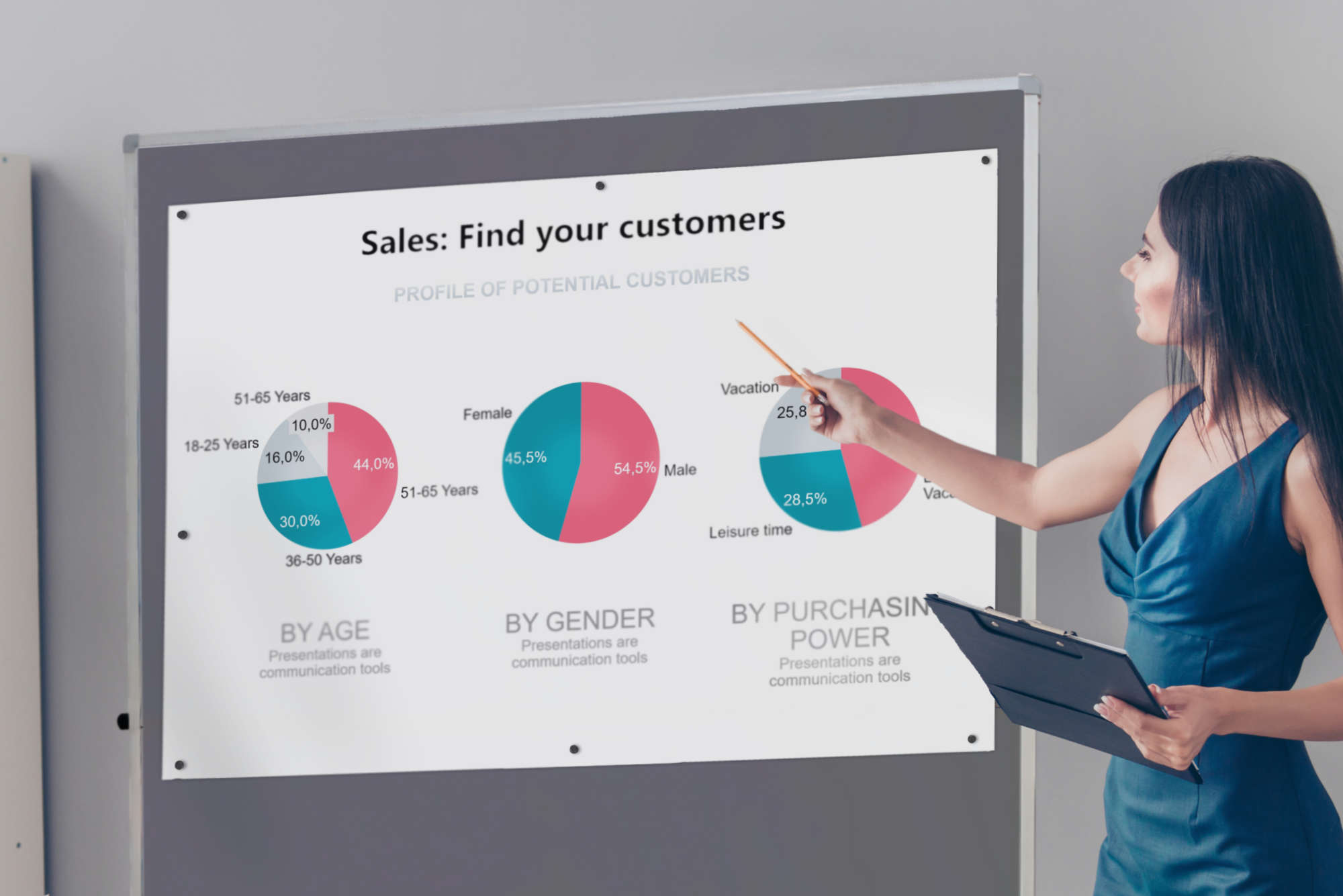 Neben einer Moderations- oder Pinnwand, auf der ein DIN-A0-Poster befestigt ist, steht eine Moderatorin und zeigt auf das Poster.