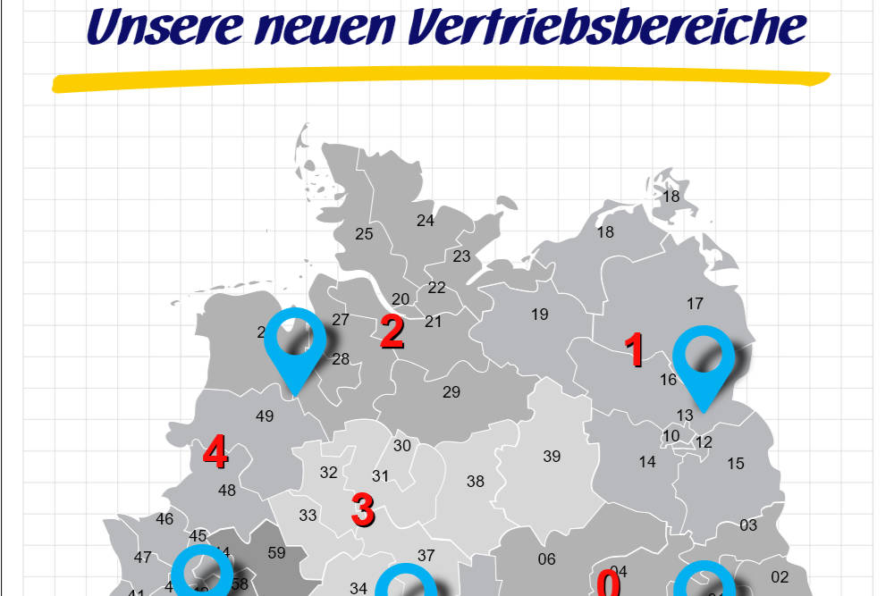 Flipchart-Druck mit gedruckter Deutschlandkarte der Vertriebsbereiche.