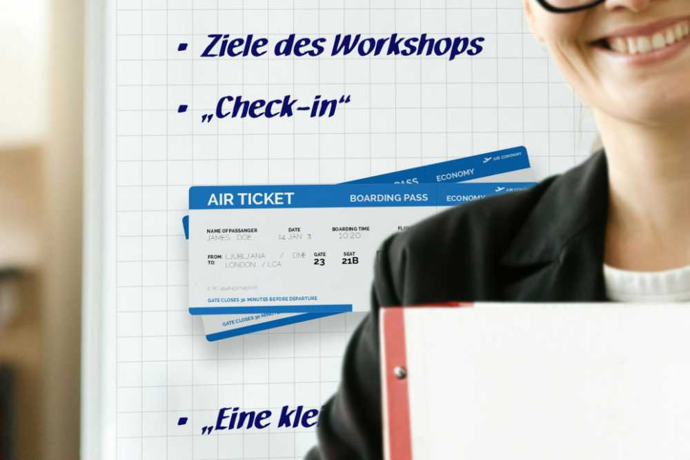 Ein Flipchart, auf dem ein Foto von Flugtickets gedruckt ist.