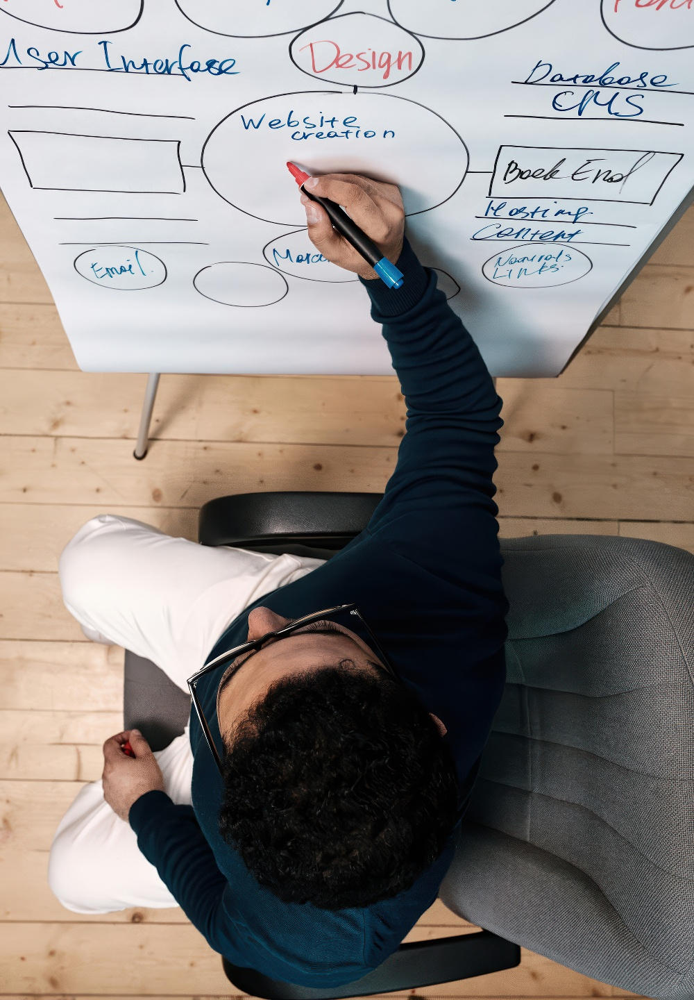 Ein Moderator sitzt vor einem Flipchart-Ständer und beschriftet ein Flipchart.