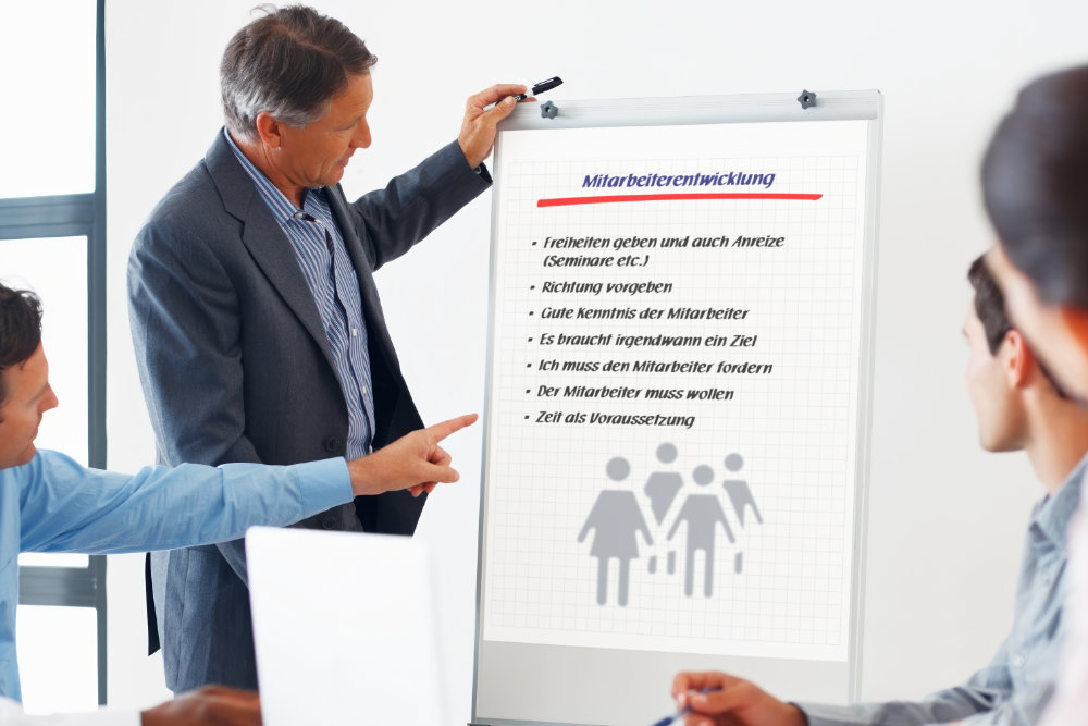 Ein Moderator steht neben einem Flipchart-Ständer.